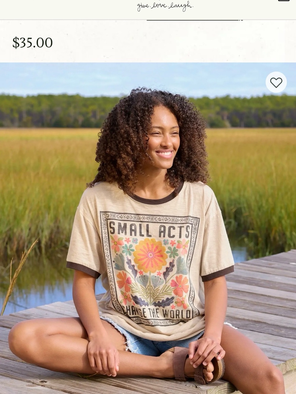 NATURAL LIFE Beige Graphic Tee with Brown Trim - 'Small Acts' Floral Print